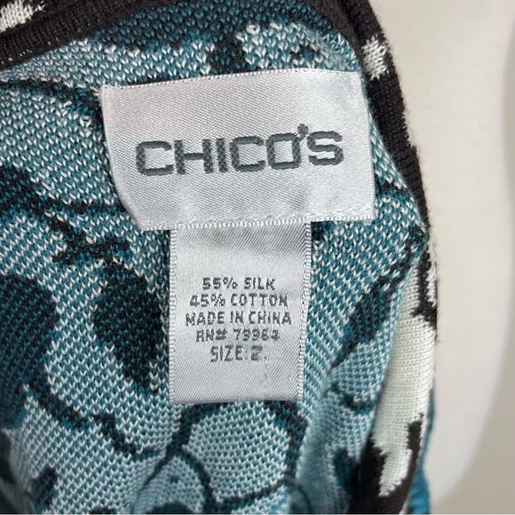 Chico's Green White Black Floral One Button Silk Cotton Cardigan 2 - Picture 7 of 7